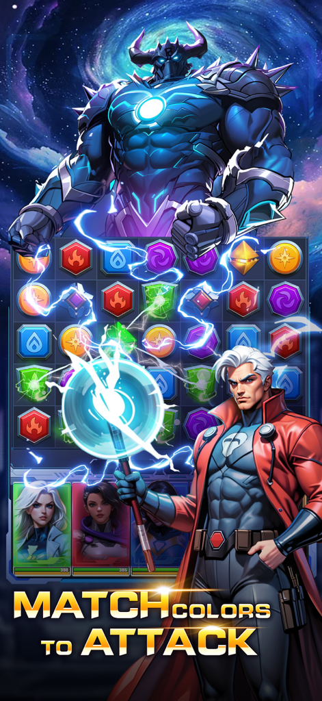 Superhero & Puzzles Match3 RPG - Captura de pantalla del juego Superhero and Puzzles Match3 RPG mostrando a un héroe atacando a un jefe