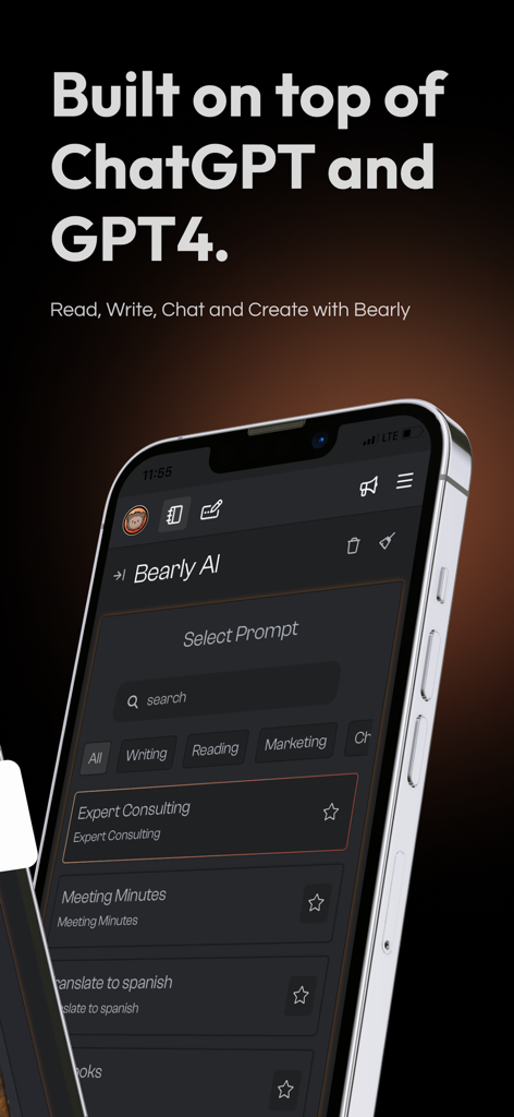 Bearly AI - Bearly AI mobile app screen showing AI prompt selection interface built on ChatGPT and GPT4