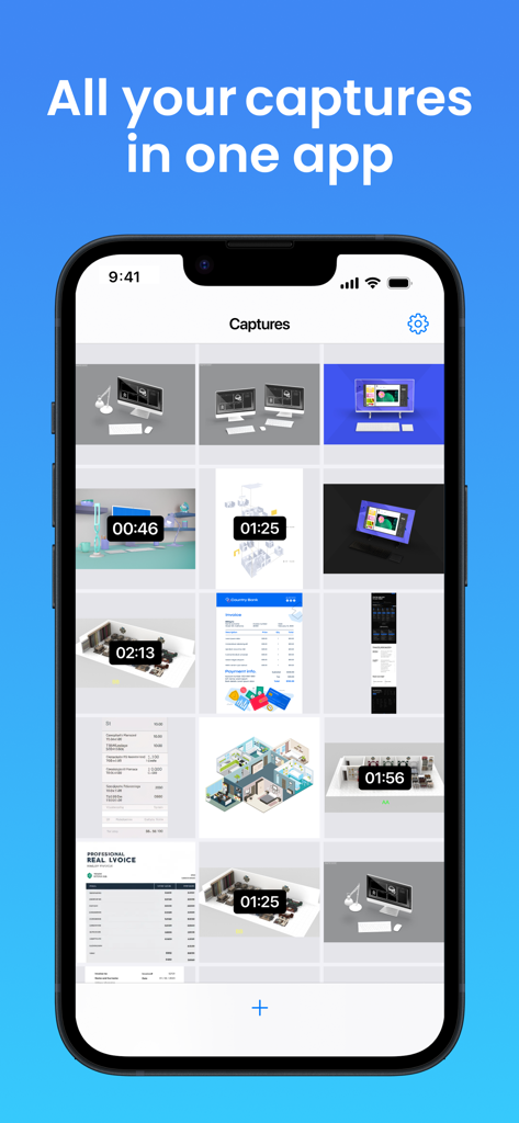 Pantalla de smartphone que muestra una cuadrícula de capturas de pantalla y videos en la galería de la aplicación Gyazo