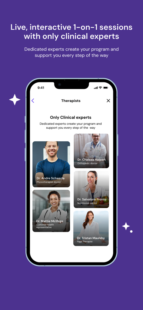 Mobile app screen showing a list of clinical experts like physiotherapists and yoga therapists for live 1-on-1 sessions