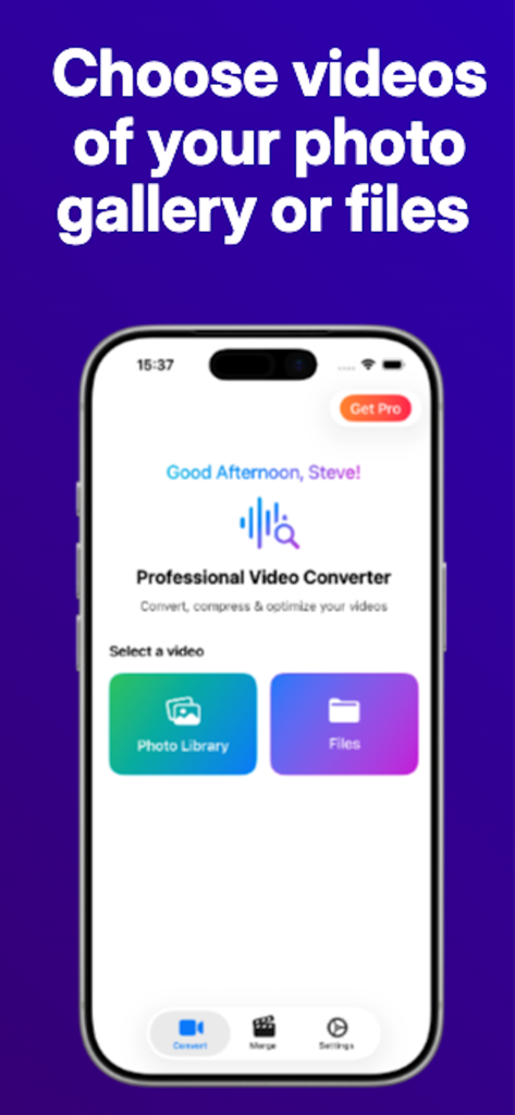 Video Converter Vidify - Pantalla de inicio de la app convertidora de video Vidify que muestra opciones para seleccionar videos de la biblioteca de fotos o archivos.