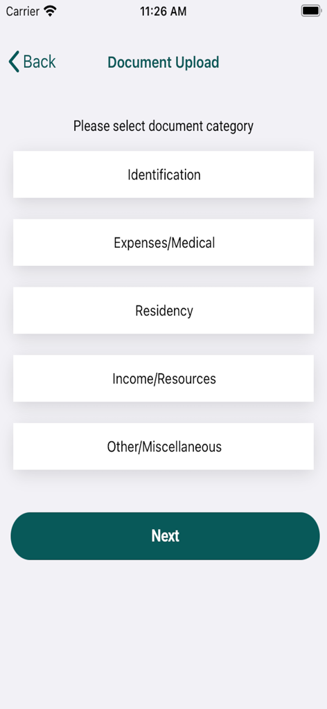 GA DCSS - Document upload screen in the GA DCSS app showing categories for identification and income.