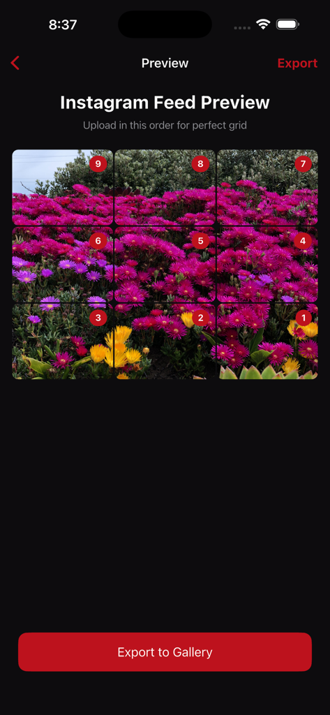 Privex - A 3x3 grid preview of a floral photo with numbered segments for an Instagram puzzle feed in the Privex app.