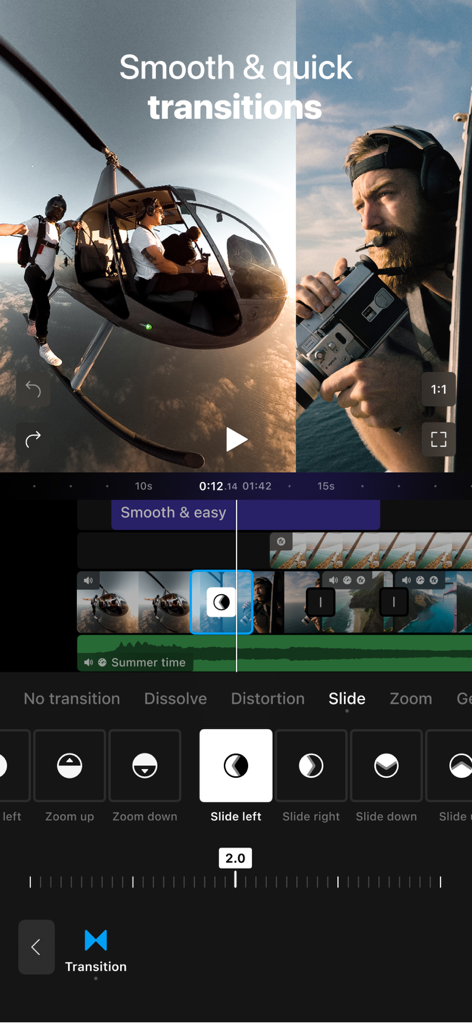 Filmr app interface showing cinematic transitions and video editing timeline.