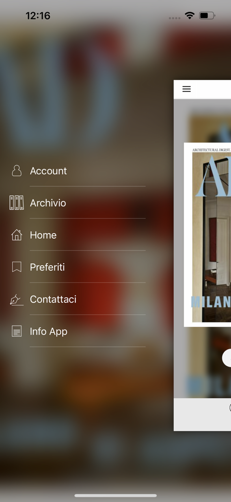 Sidebar navigation menu of the AD Italia app showing account and archive settings.