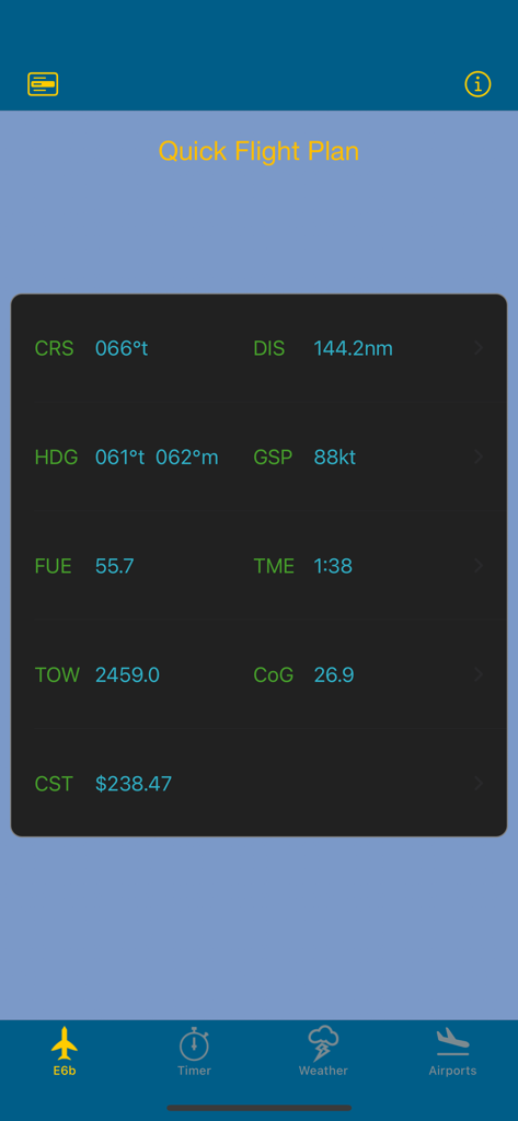 E6b Pilot - E6b Pilot app interface showing the Quick Flight Plan summary with navigation and fuel calculations.