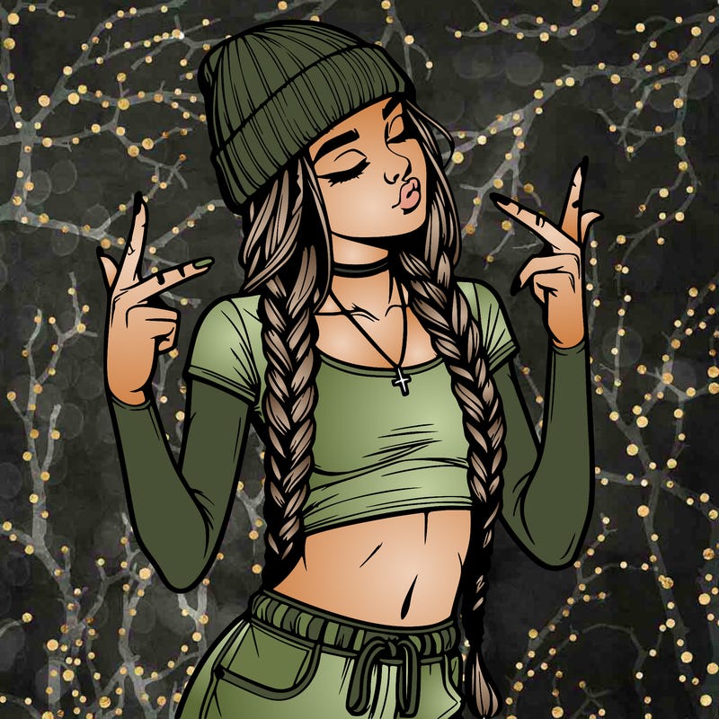 realistic teenage girl with braids and a beanie and crop top doing 🫶🏼