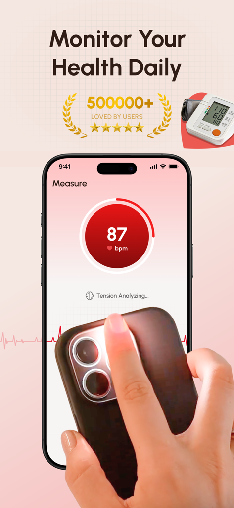 SmartBP Log & Tracker - Pantalla de smartphone mostrando una medición de frecuencia cardíaca y el texto Monitoriza Tu Salud Diariamente.