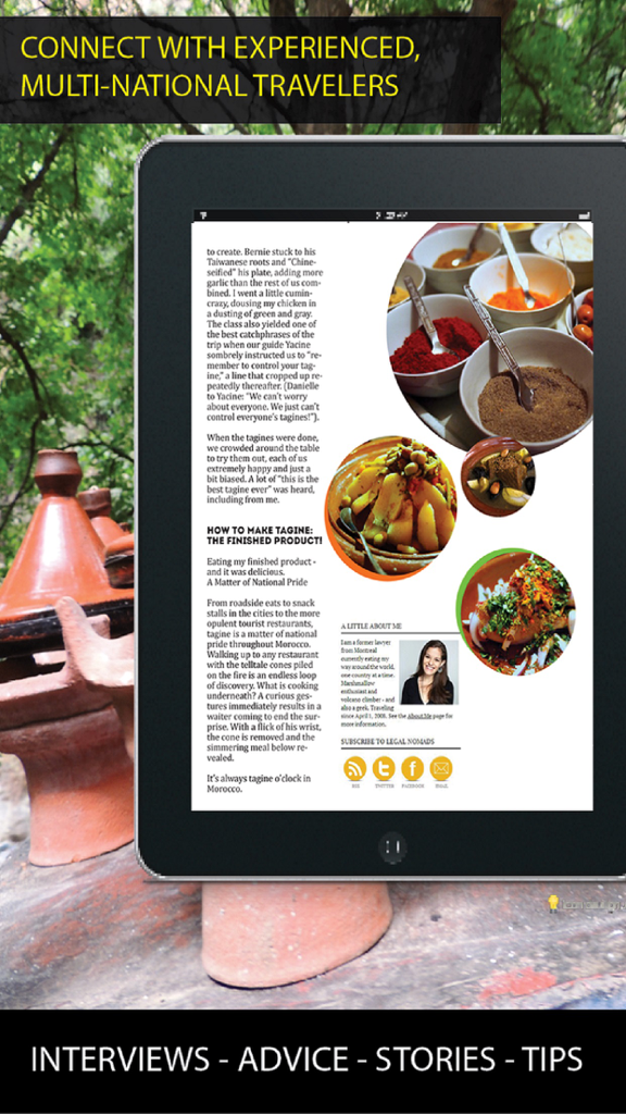 An iPad displaying a digital travel magazine article about Moroccan food and tagine