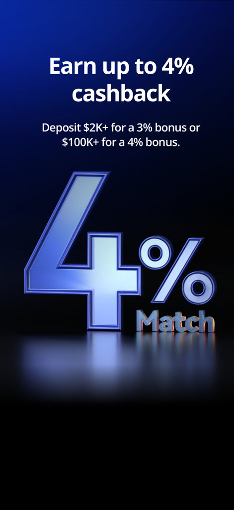 Webull: Investing & Trading - Webull promotional screen showing an offer for up to 4 percent cashback on deposits