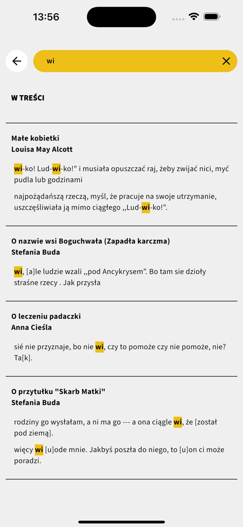 Mobile app search results screen showing highlighted text fragments from Polish literary works