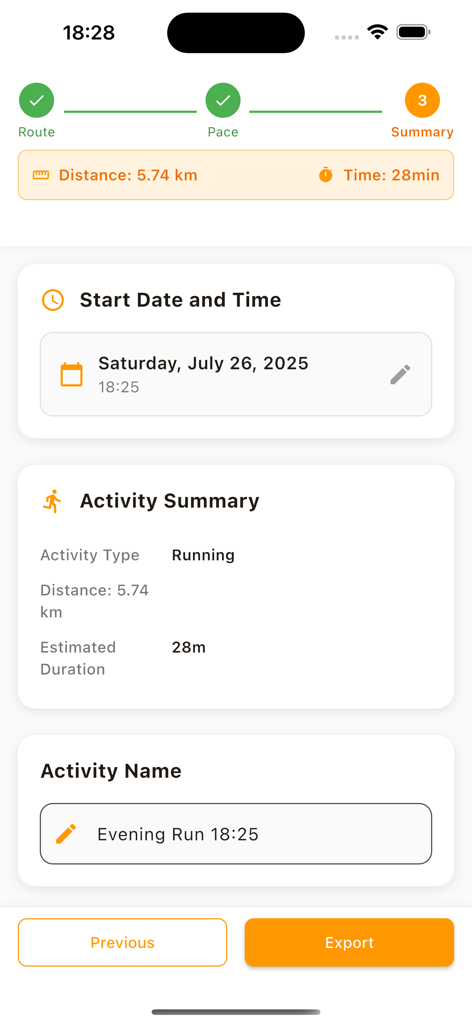 Fake Run Generator - GhostRun - Activity summary screen in GhostRun showing distance and time before exporting the fake run