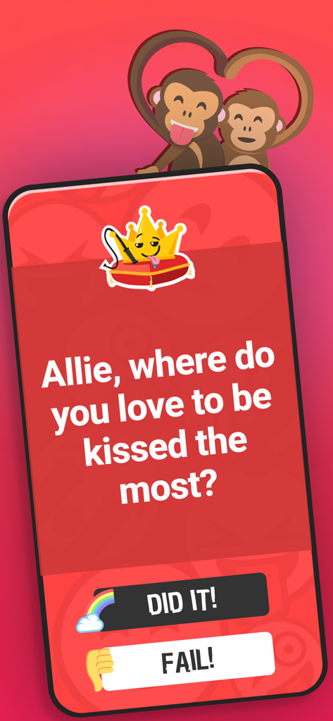 Game screen from Truth or Dare Dirty and Spicy app showing a flirtatious question for couples with did it and fail buttons.
