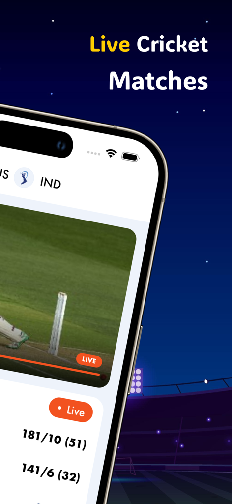 Live Cricket TV HD Sports - Pantalla de smartphone que muestra video de partido de cricket en vivo y marcadores en tiempo real