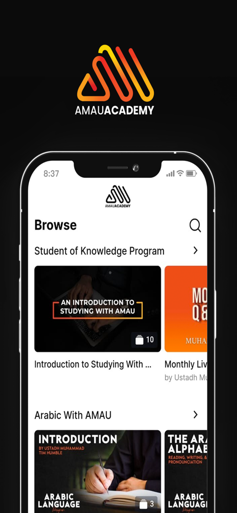 AMAU Academy - AMAU Academy mobile app browse screen showing Student of Knowledge and Arabic programs