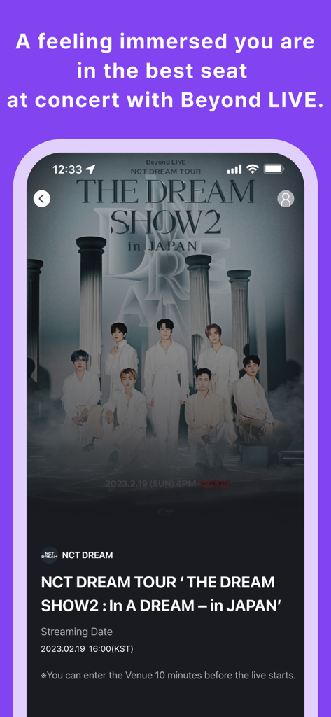 Beyond LIVE-App-Oberfläche, die die NCT DREAM-Konzert-Tourseite mit Streaming-Details anzeigt
