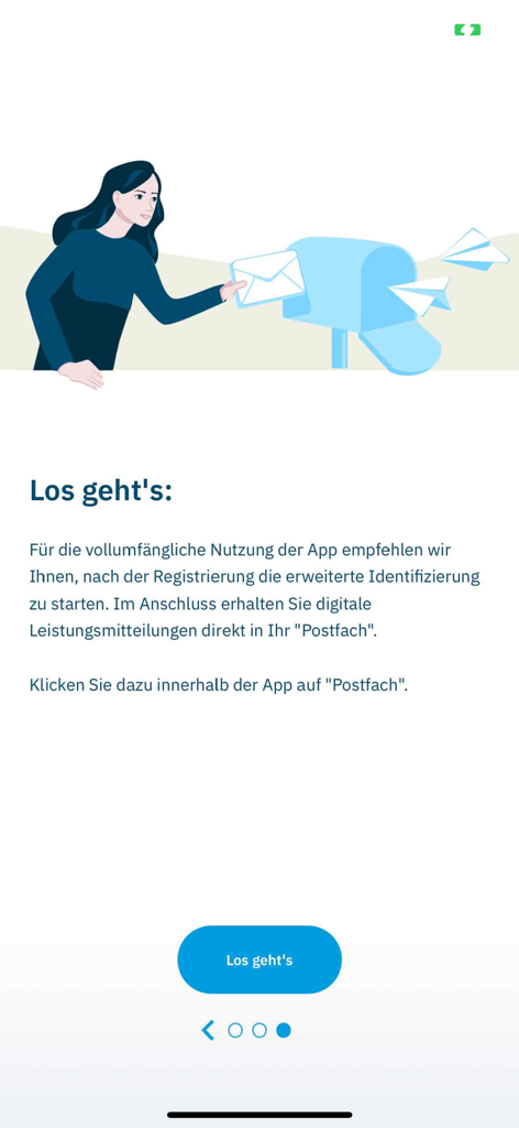 Debeka Gesundheit app onboarding screen showing a woman using a digital mailbox