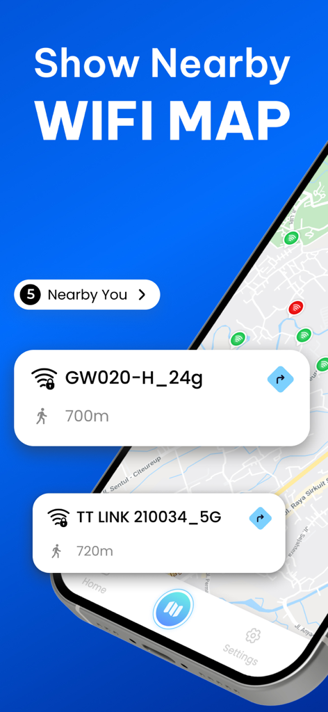 Captura de pantalla de la aplicación WiFinder que muestra un mapa de puntos de acceso WiFi cercanos con nombres de red y distancias
