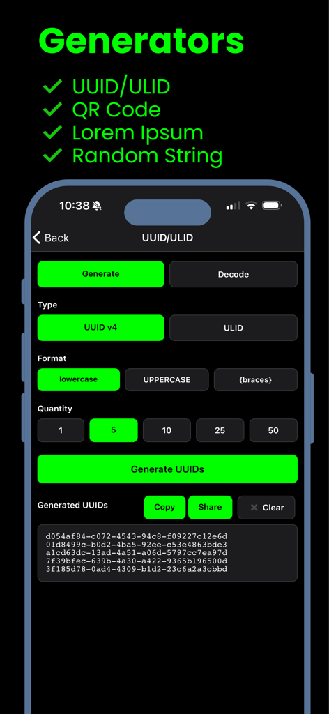 Interface of the UUID and ULID generator tool in the DevKit developer utilities app