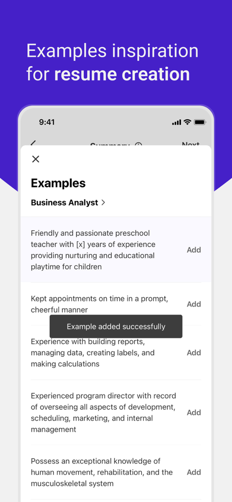 Screenshot of the Resume Builder app showing a list of professional summary examples for different job roles.