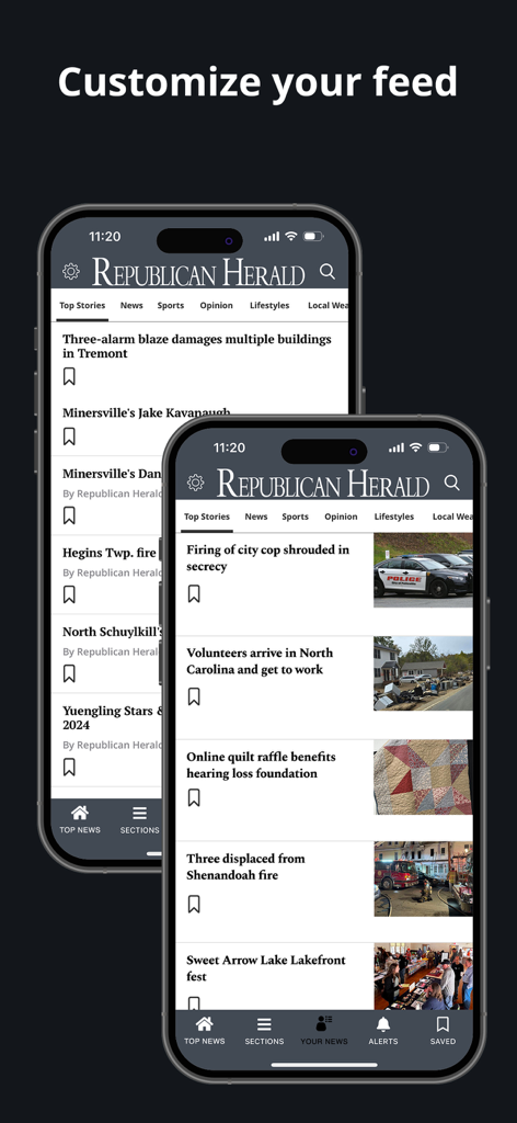 Pottsville Republican Herald mobile app interface showing a customized news feed with local stories
