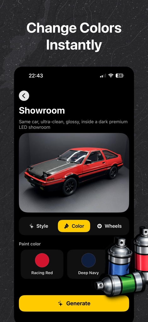 AI Car Designer & Customizer - Interface de l'application mobile AI Car Designer montrant une voiture rouge et des options de personnalisation de couleur de peinture dans une salle d'exposition numérique.