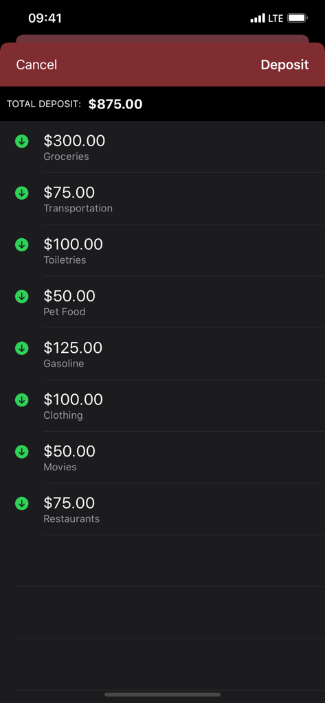 Envelopes: Budget Manager - Quick deposit interface in the Envelopes app showing a total deposit distributed into budget categories like groceries and transportation.
