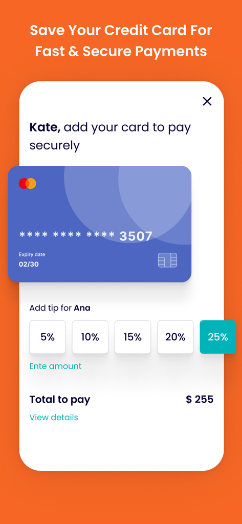 Belliata app interface for secure credit card payments and selecting a tip amount