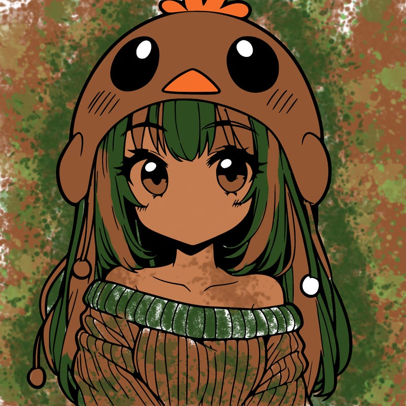 anime girl with chick shaped hat with sweater with bare shoulders with bangs covering them one eye with low tail