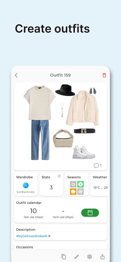 GetWardrobe Outfit Planner - A stylish outfit collage on GetWardrobe app featuring a jacket, jeans, and accessories with season and weather tags.