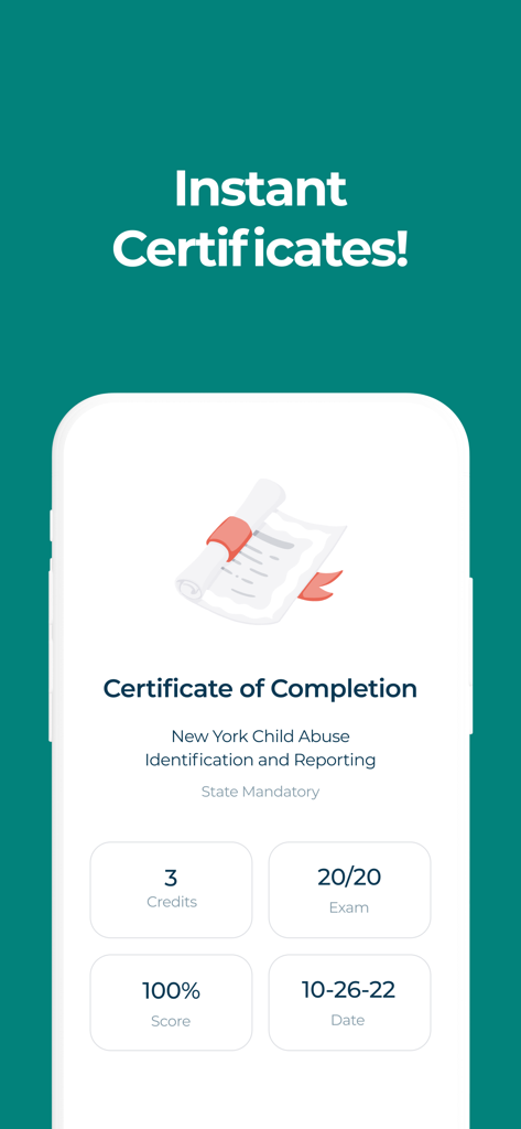 New York Child Abuse Training - Instant certificate of completion screen for New York mandatory child abuse training
