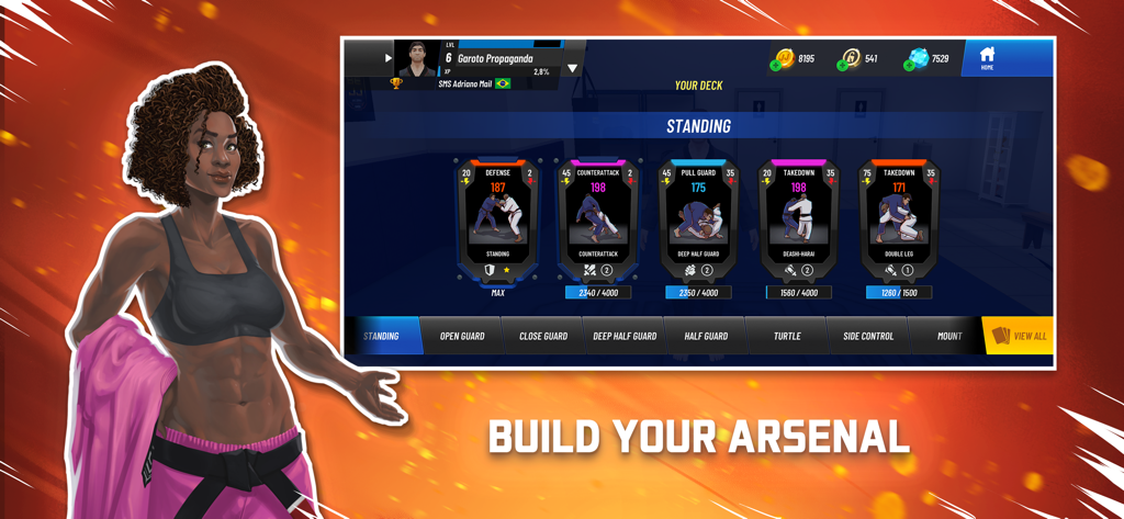 BeJJ Jiu-Jitsu Game deck building interface showing combat cards for defense counterattack and takedowns with a female fighter avatar