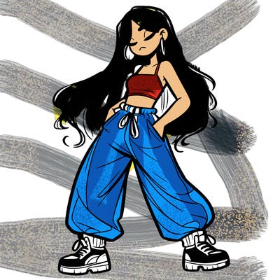 girl in baggy pants crop top and long hair