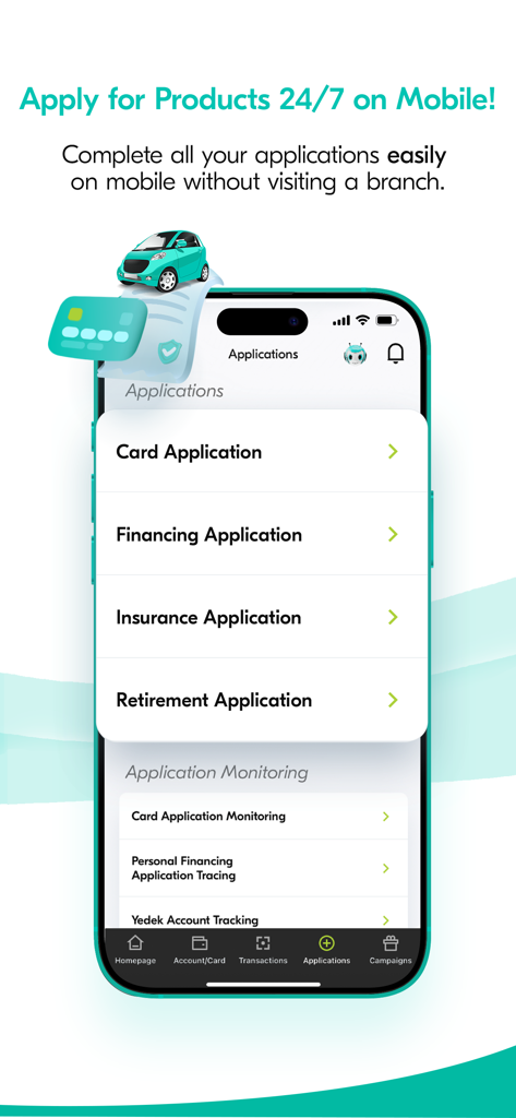 Bildschirm der Turkiye Finans Mobile App mit Optionen für Kartenfinanzierung, Versicherungen und Rentenanträge