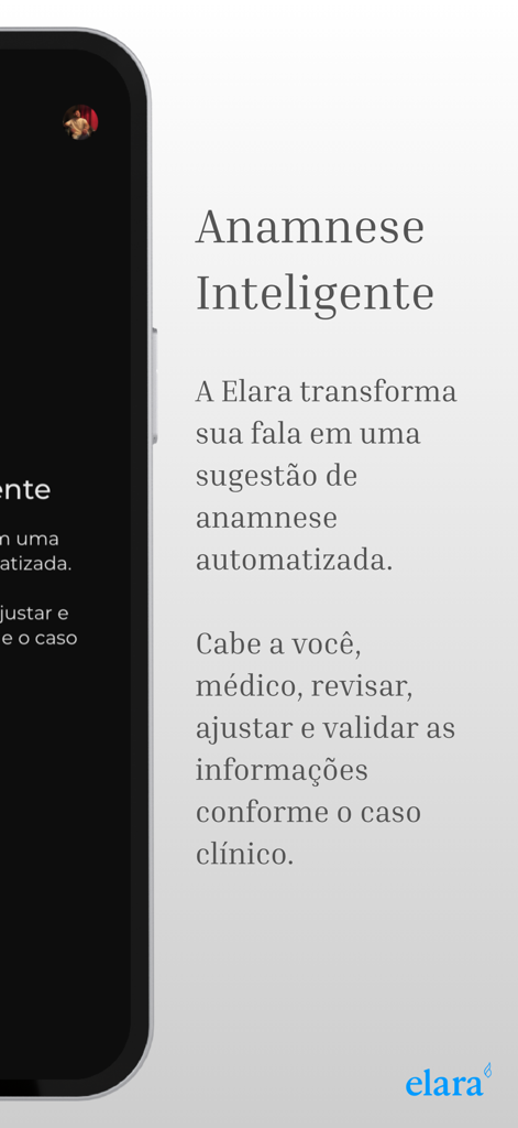 Elara IA - A smartphone screen displaying the Elara IA medical assistant app with information about automated anamnesis for doctors.