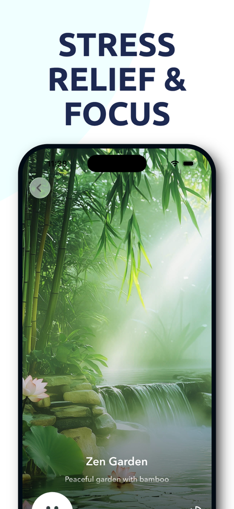 Pantalla de la aplicación que muestra un Jardín Zen pacífico para aliviar el estrés y el enfoque
