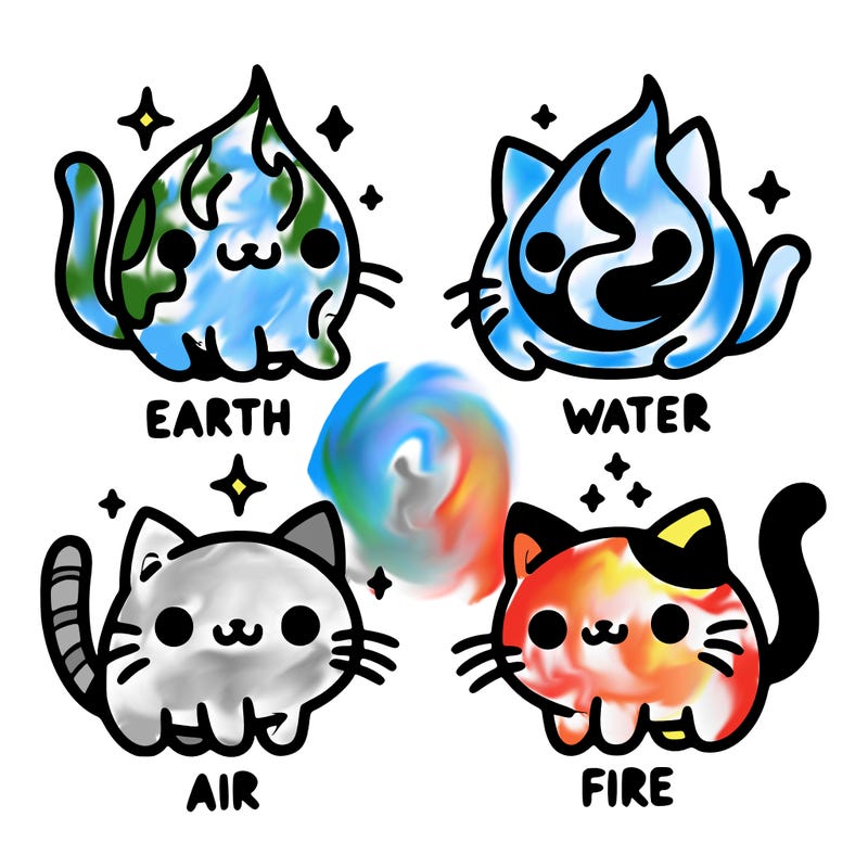 4 cats that represent the different elements, earth, water, air, and fire