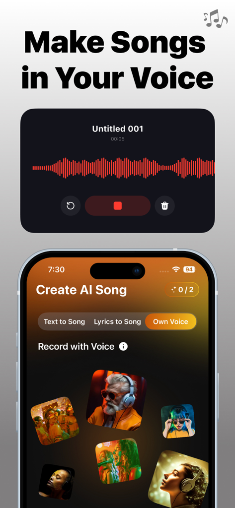 AI Music Generator : AI Songs - Interfaz de la aplicación Generador de Música IA que muestra cómo crear canciones usando tu propia voz con controles de grabación y miniaturas de géneros musicales.
