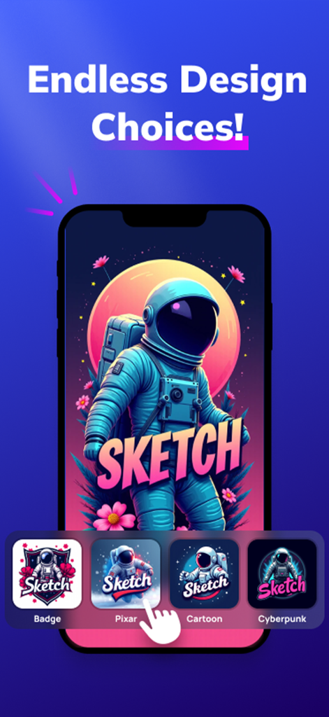 Sketch Logo AI: Logo Maker - Mobile app interface showing AI logo design styles like Pixar and Cyberpunk for an astronaut sketch