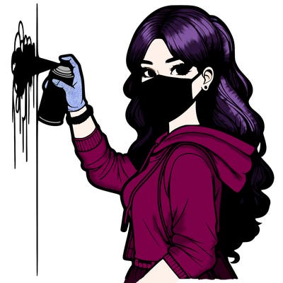 realistic girl with mask spray painting a wall