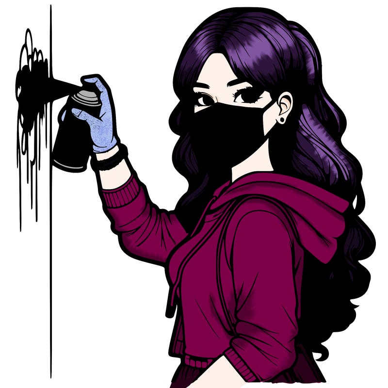 realistic girl with mask spray painting a wall