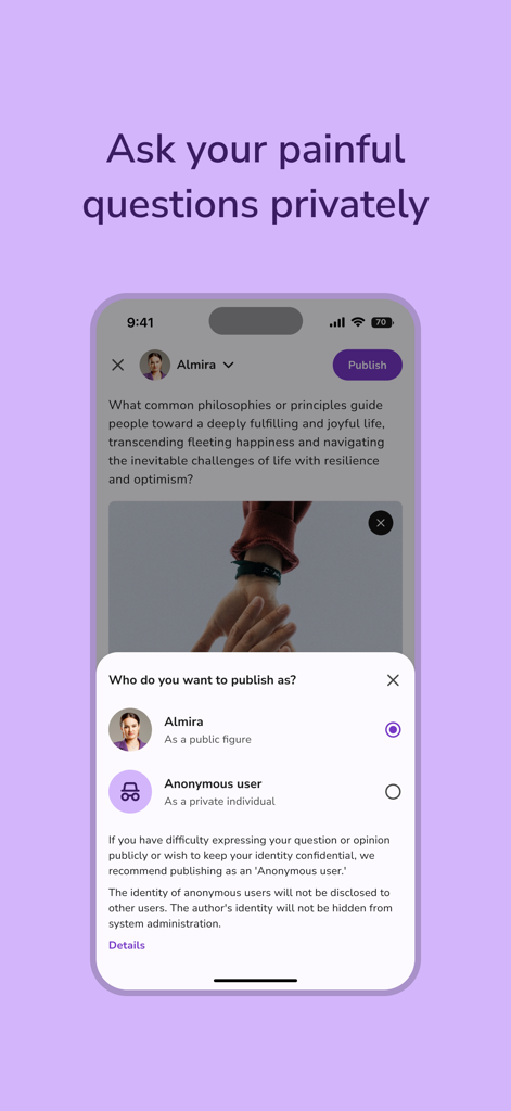Amoria - La interfaz de la aplicación Amoria que muestra opciones para publicar preguntas educativas públicamente o de forma anónima para obtener soporte de expertos