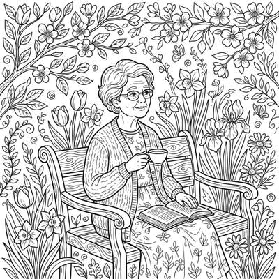Savor the peaceful charm of this coloring page, featuring an elderly woman enjoying a serene spring garden scene. Bring this tranquil moment to life with your favorite colors.