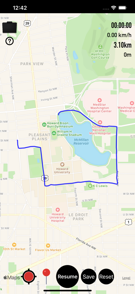 Gpx Viewer app interface showing a blue tracked route on a Washington DC map with navigation statistics