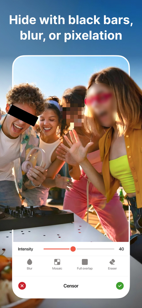Censor: Face Blur & Pixelate - Interface of Censor app showing options to hide faces with black bars blur and pixelation effects