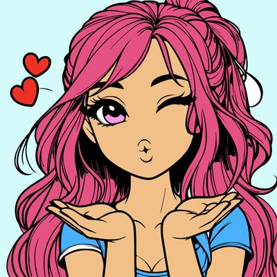 realistic girl winking and blowing a kiss while making heart hands