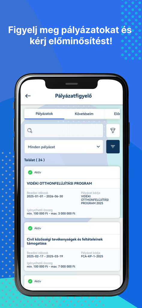Pantalla de la aplicación móvil Billingo que muestra la función de monitorización de subvenciones y licitaciones para oportunidades de negocio