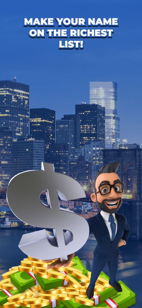 Ticarium: Tycoon & Strategy - A cartoon CEO character standing next to a large dollar sign and piles of cash with a city skyline background