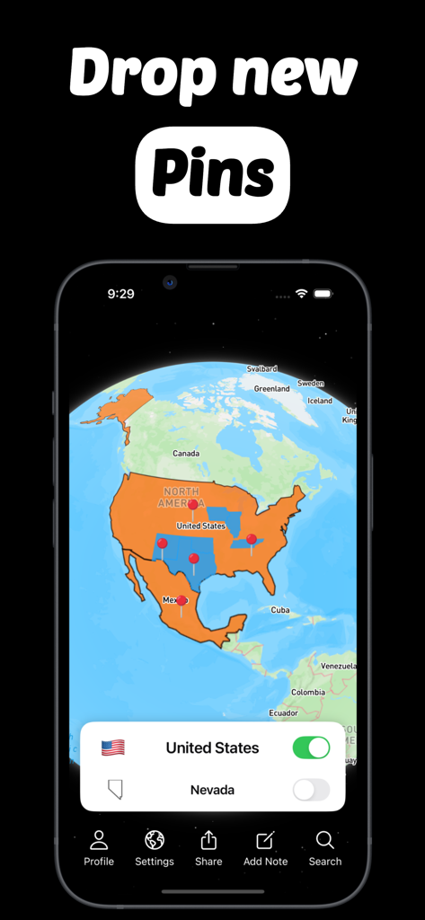 GlobeMarker: 3d Travel Map - 北米の3Dマップにドロップされた赤いピンを示すGlobeMarkerアプリインターフェース