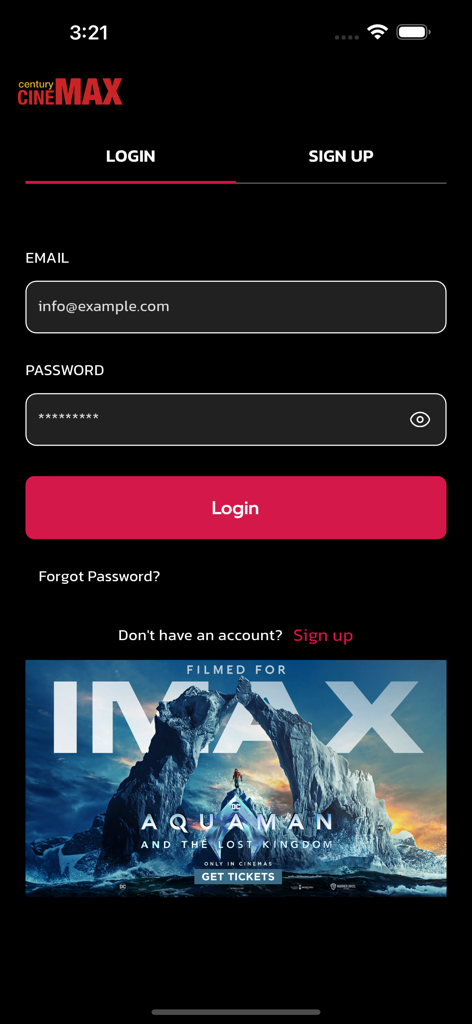 Century Cinemax - A tela de login do aplicativo Century Cinemax mostrando campos de entrada de e-mail e senha acima de um anúncio de filme IMAX